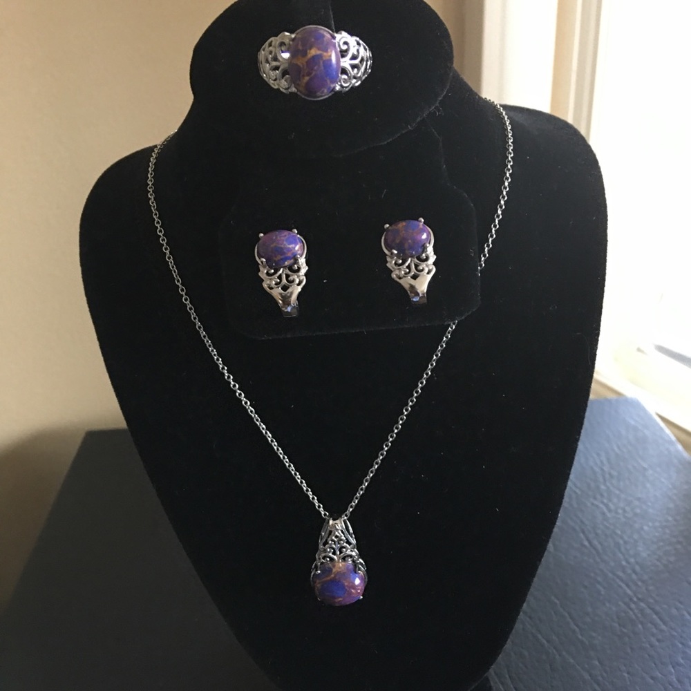 3pc Sterling Silver Necklace, Ring, Earring Set